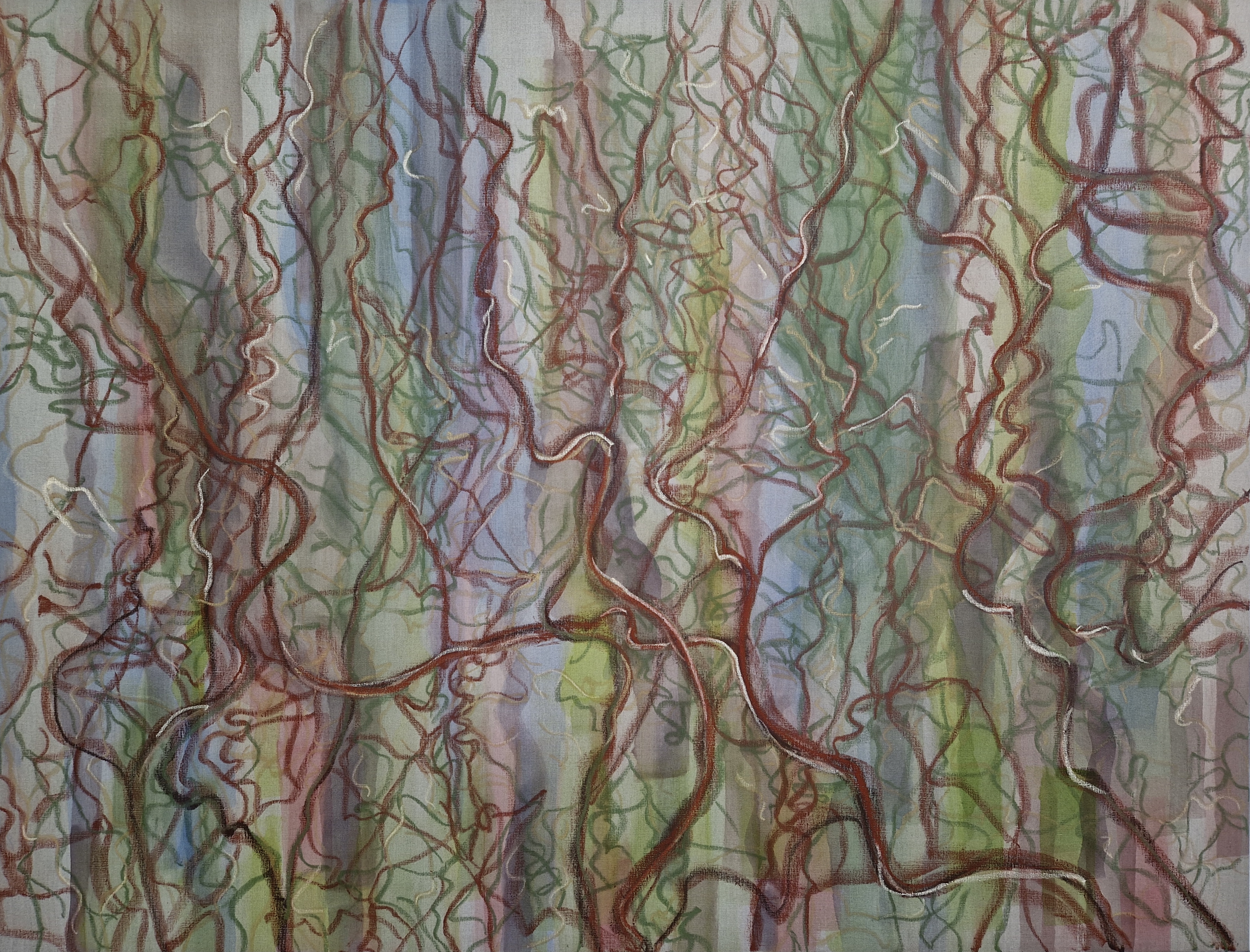 Painting of tangled red, green and lilac root-like lines, Abbeyleix, 2023.